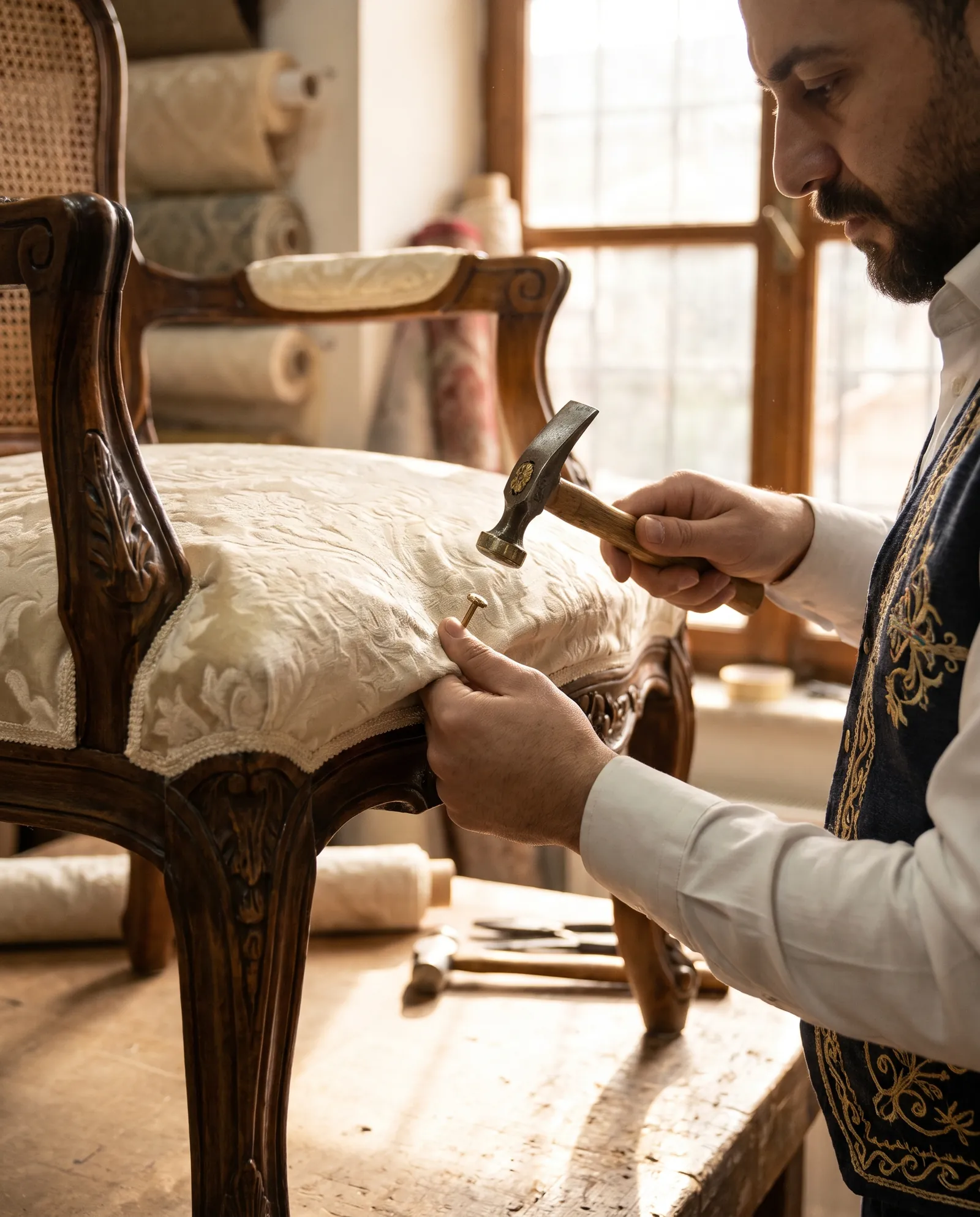 Oymalı sandalye oturağına damask kadife geren döşemeci