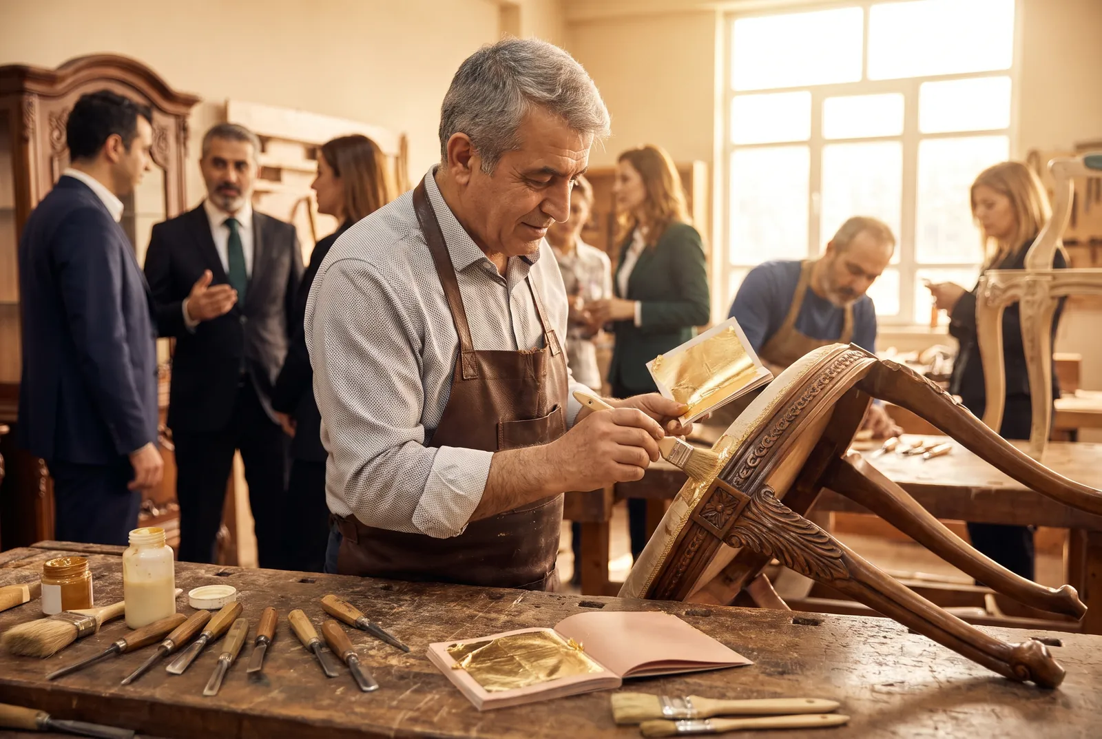 Oymalı sandalye sırtına altın varak uygulayan usta